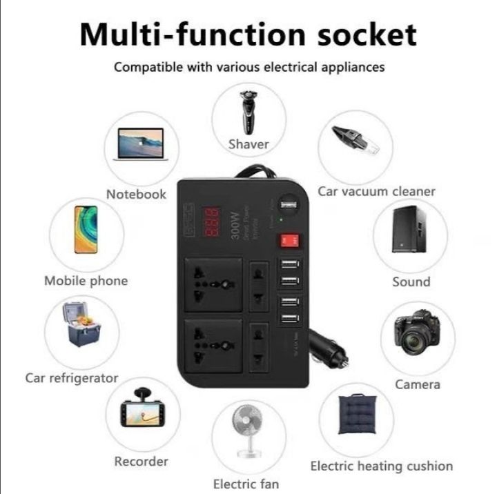 Multifunctional Car Inverter 300W Dc to Ac 12V to 220V - 240V with 4 Ac ports and 4 USB outlets plus cigarette lighter