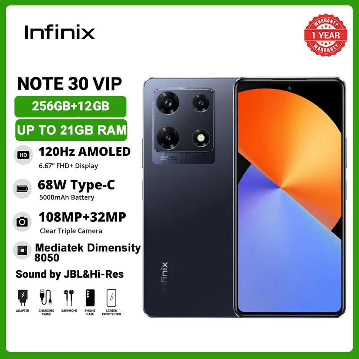 New Arrival Infinix Note 30 VIP 5G network Dual SIM card 256GB ROM+21(12+9)GB RAM Display 6.67 inches FHD 5000mAh battery 68W charging 50W with