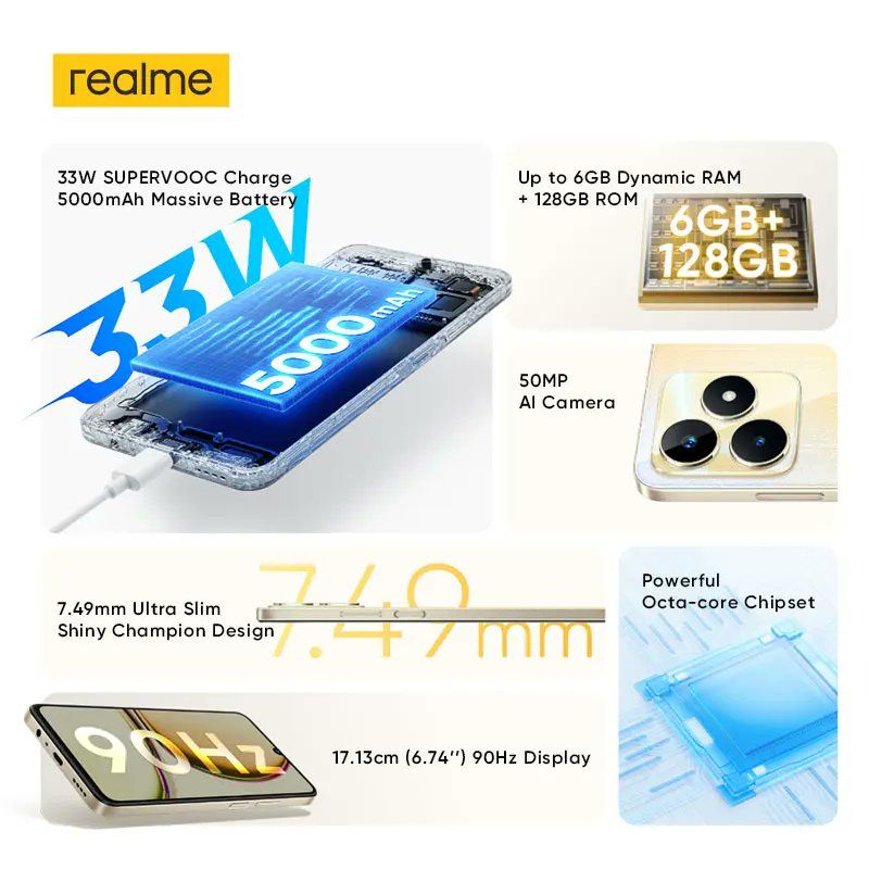 Realme C53 6.74'' 90Hz Display Mini Capsule 128GB Storage 6GB ROM 50MP AI Camera 33W 5000mAh Smart Phones