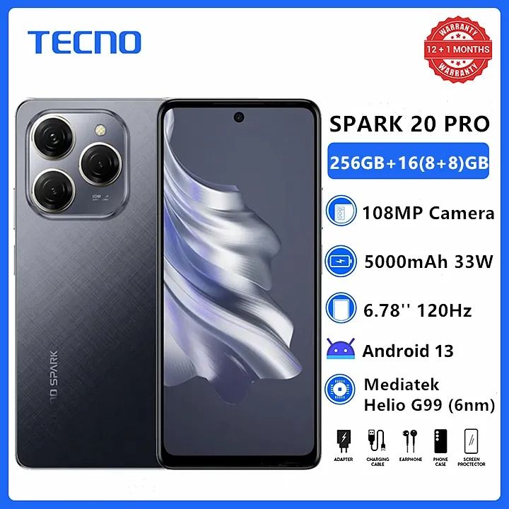 TECNO SPARK 20 PRO 256GB+16(8+8)GB RAM 108MP Triple Camera + 32MP Front Camera120Hz 6.78" Mediatek Helio G99 Dual Speakers Android 13 5000mAh 33W Smart Phones