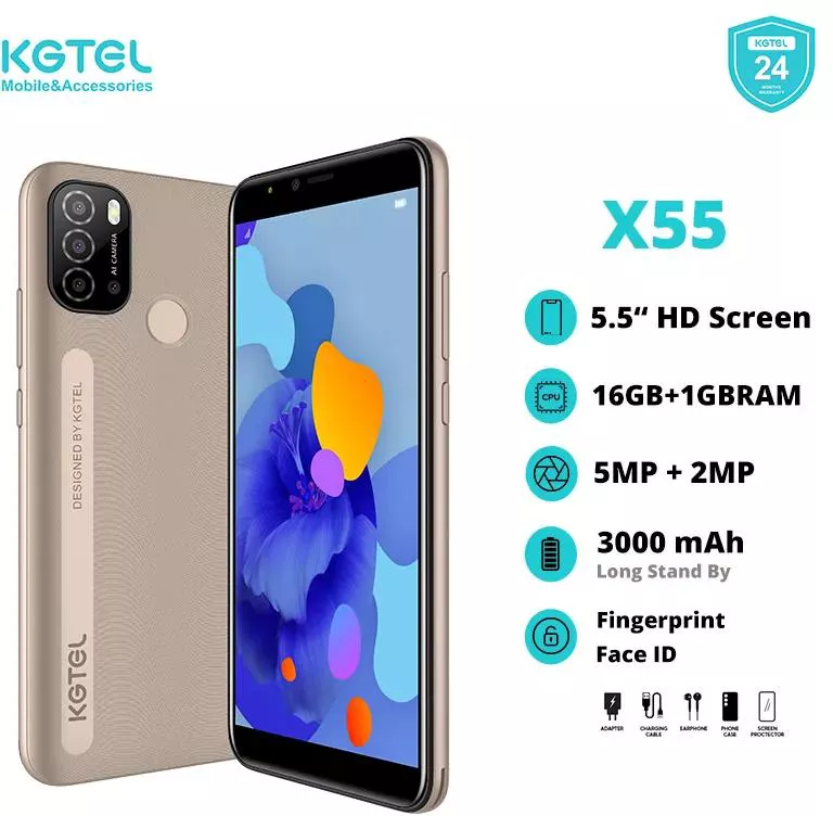 KGTEL X55 5.5"INCHES SCREEN IPS DISPLAY 16GB ROM +1GB RAM ,FINGERPRINT AND FACE UNLOCK 5MP MAIN CAMERA +2MP FRONT CAMERA 3000mAh BATTERY  DUAL SIM ANDROID SMARTPHONES