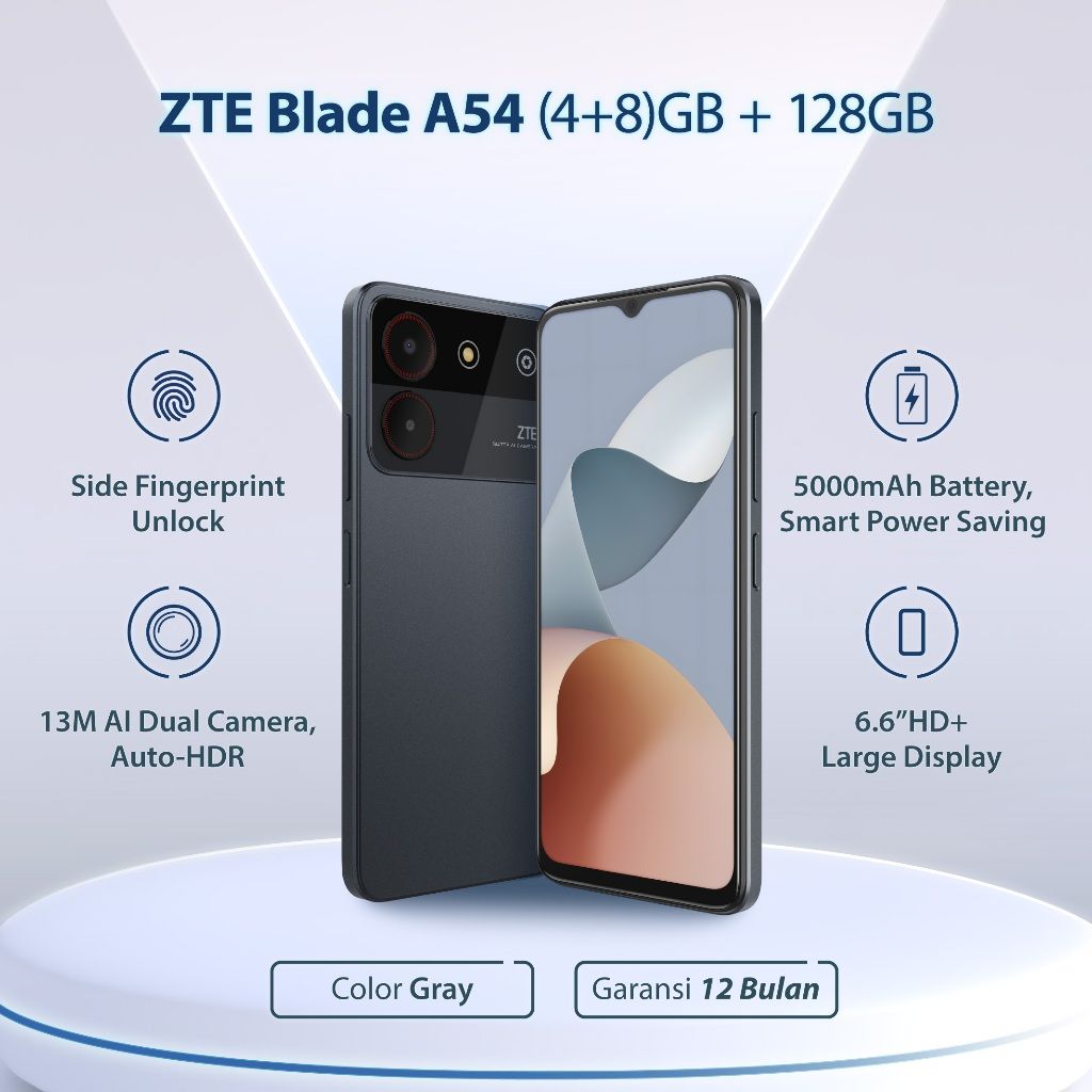 Celular ZTE Blade A54 128GB ROM + 4GB RAM EXTENDABLE TO 8GB 6.6" FULL HD+ SCREEN BATTERY 5000mah 13mpx DUAL RARE CAMERA  AND SIDE FINGERPTINT ANDROID 13 SMARTPHONE