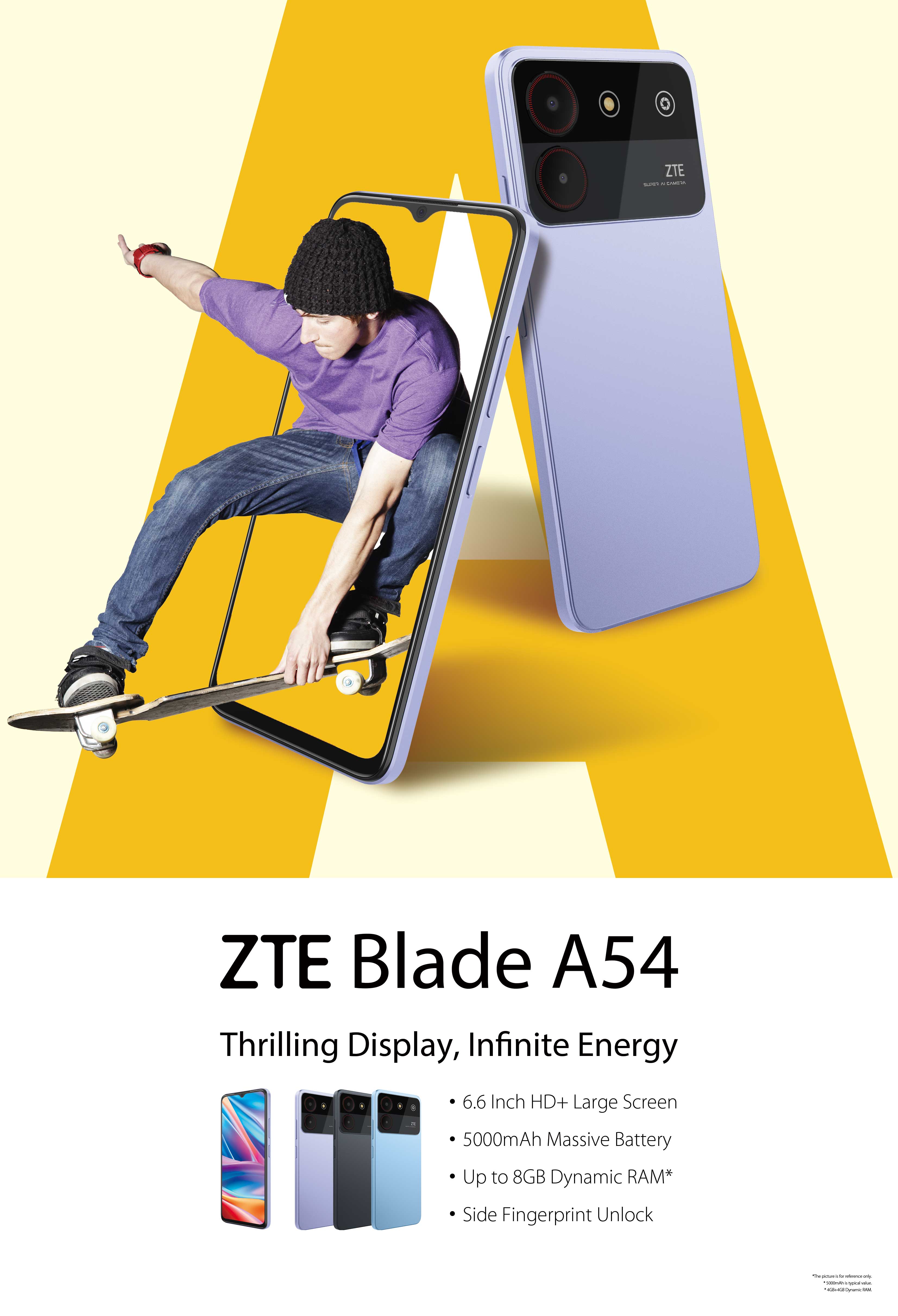 Celular ZTE Blade A54 128GB ROM + 4GB RAM EXTENDABLE TO 8GB 6.6" FULL HD+ SCREEN BATTERY 5000mah 13mpx DUAL RARE CAMERA  AND SIDE FINGERPTINT ANDROID 13 SMARTPHONE