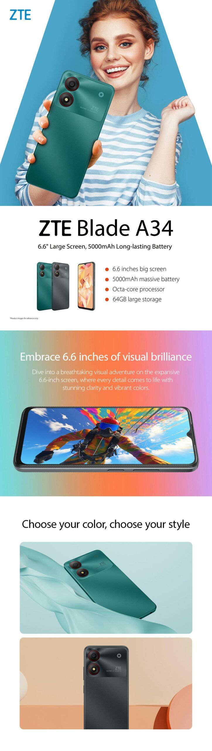 ZTE Blade A34 64 ROM+ 4GB RAM(Expandable Upto 8GB RAM) 4G Network Dual-SIM 6.6 INCH 90Hz LCD Screen 8MP Camera Type-C Charging 5000mAh Battery Face. Smartphone