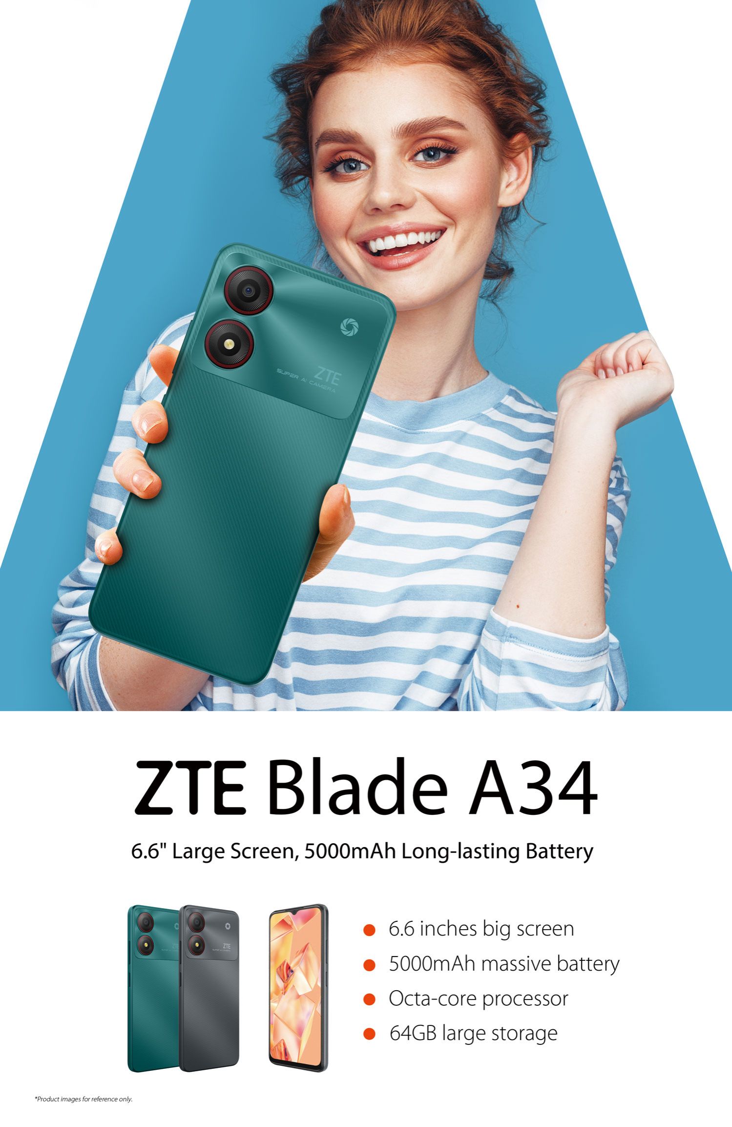 ZTE Blade A34 64 ROM+ 4GB RAM(Expandable Upto 8GB RAM) 4G Network Dual-SIM 6.6 INCH 90Hz LCD Screen 8MP Camera Type-C Charging 5000mAh Battery Face. Smartphone