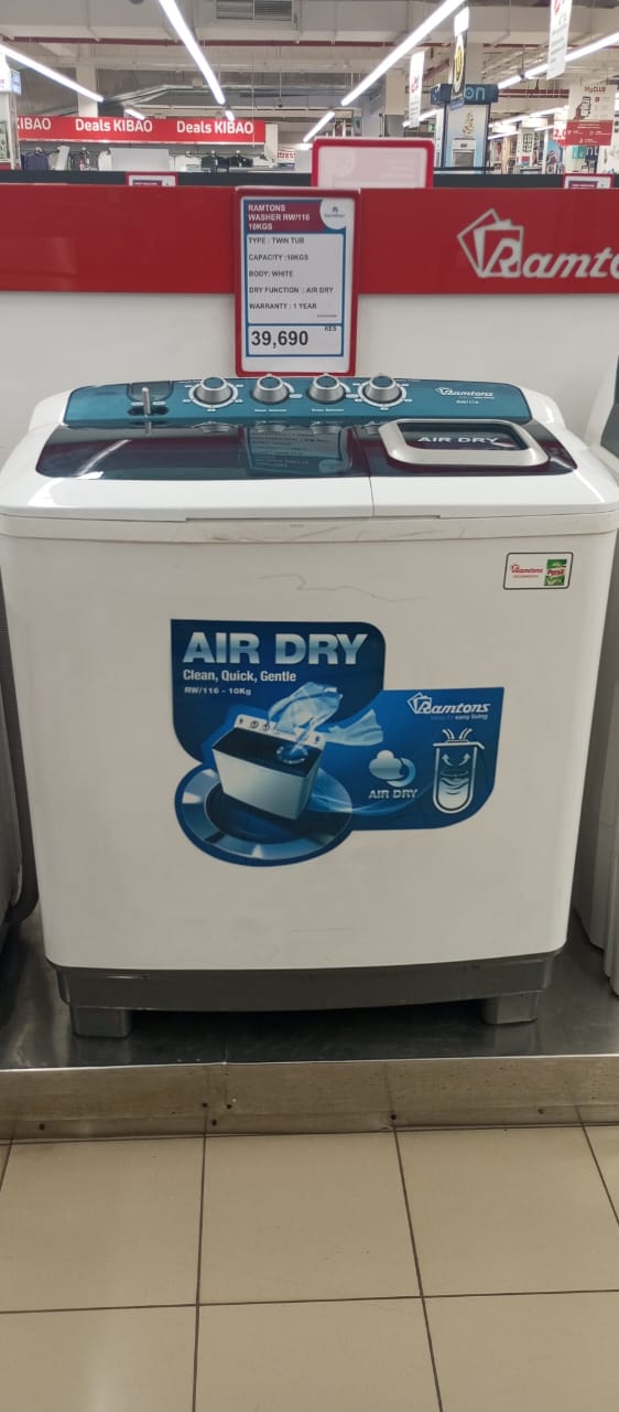 Ramtons rm-116 10kgs twin-tub washing machine;
Get this affordable washing that has a huge capacity of 10kg, capable of handling all your laundry needs.