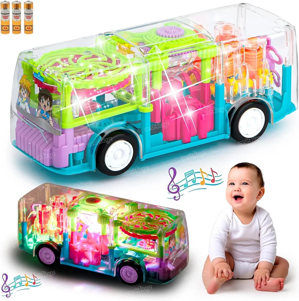 Kids concept bus Battery powered kids transparent gear bus toy with lightning and music Multicoloured