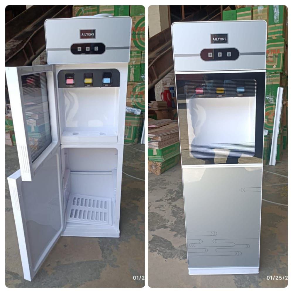 3 tap Ailyons dispenser hot cold and normal Hot & Cold & Normal Heating capability: 5L/Hr 85 Degree Cooling capability: 0.8L/Hr 10 Degree Silicon water Outlet Pipe Electric Cooling Hot & Cold & Normal