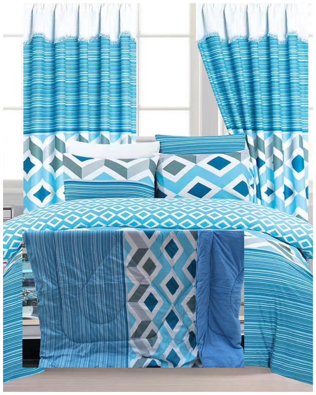 7 pc Curtain duvets7 pc Curtain duvets 1 pc woolen duvet 1 pair ring curtain 2 pcs bedsheets 1 pc fitted 1 pc flat 2 pcs pillow cases pc Curtain duvets 1 pc woolen