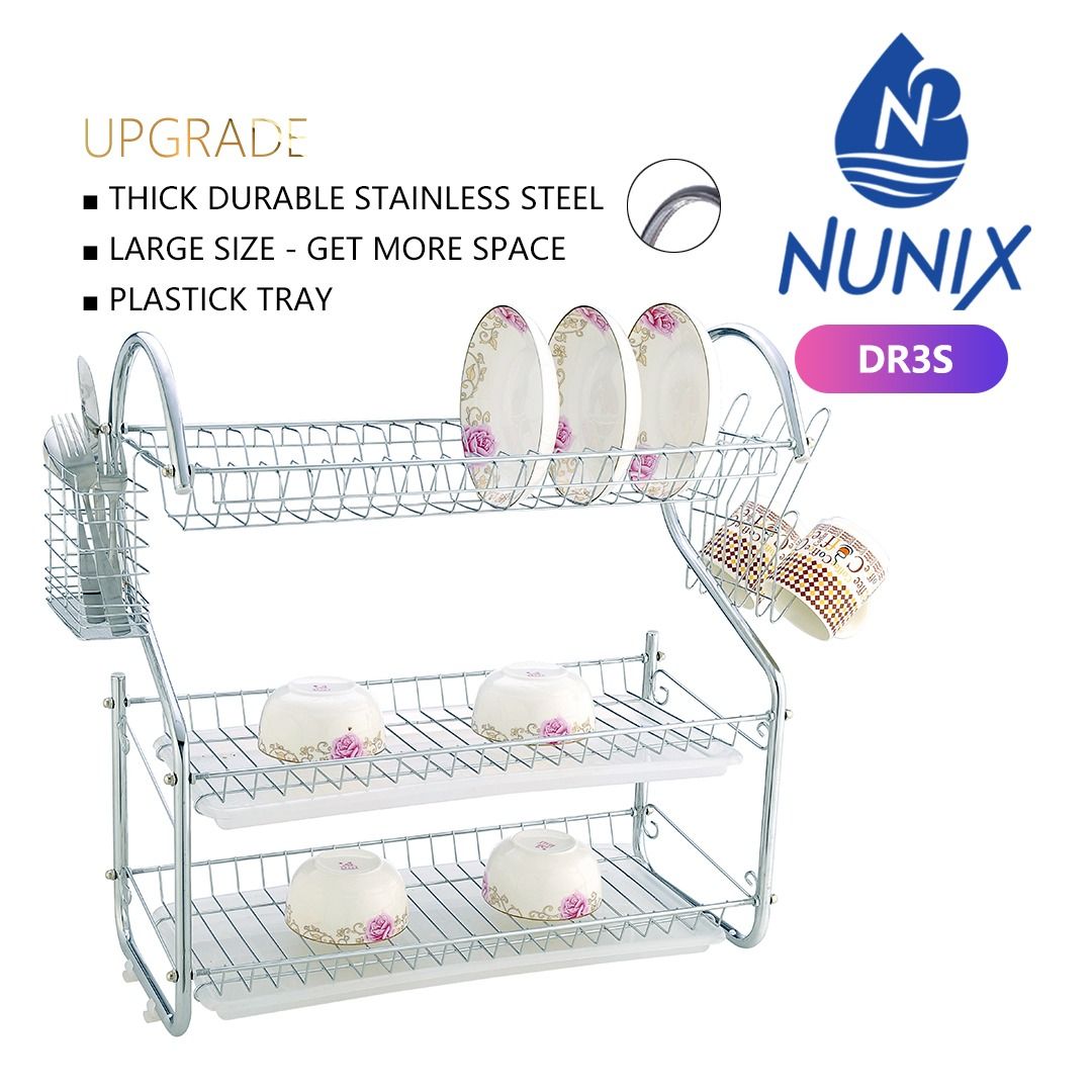 Nunix 2 Tier Dish Rack Stainless Steel Drainer that holds cutlery, utensils glasses and up to 17 plates ELEGANT DESIGN!that will make your kitchen look cool and organized HIGH QUALITY kitchen applica