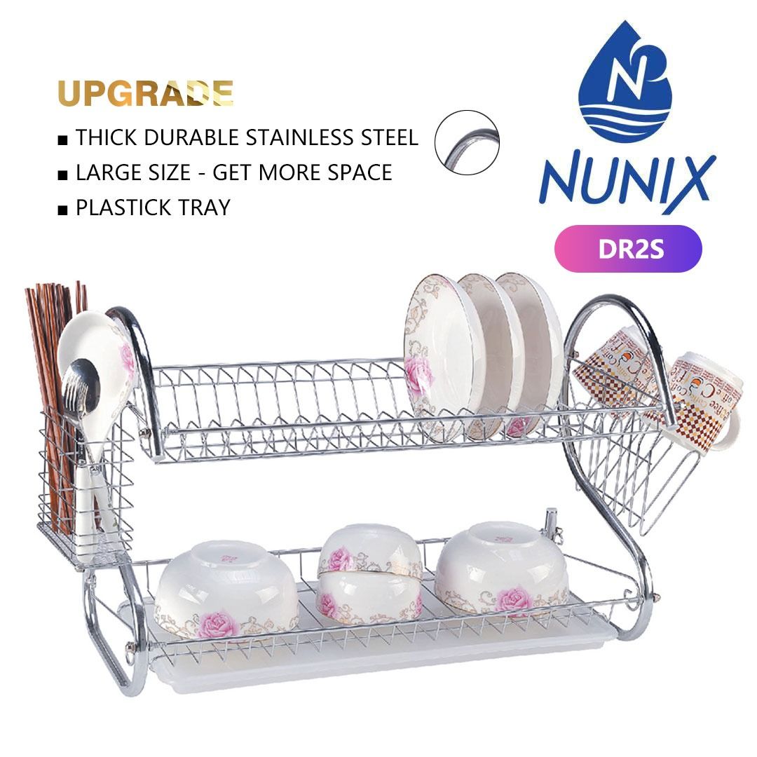 Nunix 2 Tier Dish Rack Stainless Steel Drainer that holds cutlery, utensils glasses and up to 17 plates ELEGANT DESIGN!that will make your kitchen look cool and organized HIGH QUALITY kitchen applica