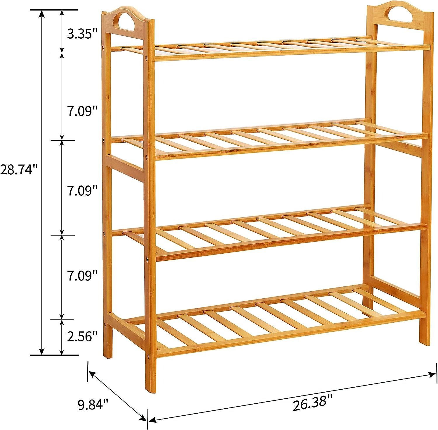 Bamboo shoe rack 4 layerAnti-Crack & Anti-Deform: Made of Moso bamboo. The texture is hard, the structure is firm. Its service life is more than 10 years
Stackable Design: You can buy several racks to