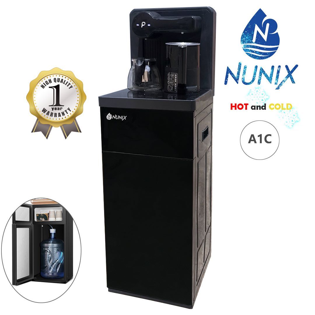 Nunix A1C dispenser Hot And Cold Water DispenserHot & cold Bottom Load water dispenser Smarter and Stronger Automatic Kettle Filling Two free electric Kettles Water Container cabinet at the bottom