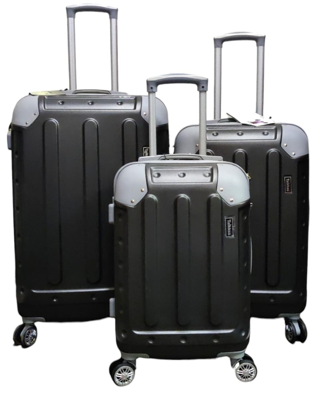 suitcase fiber 3 in 1 Zipper closure frame.

360 Easy-glide spinner wheels. 

Telescopic handle system locks in multiple levels to adapt.

Compression straps keep clothing neatly packed