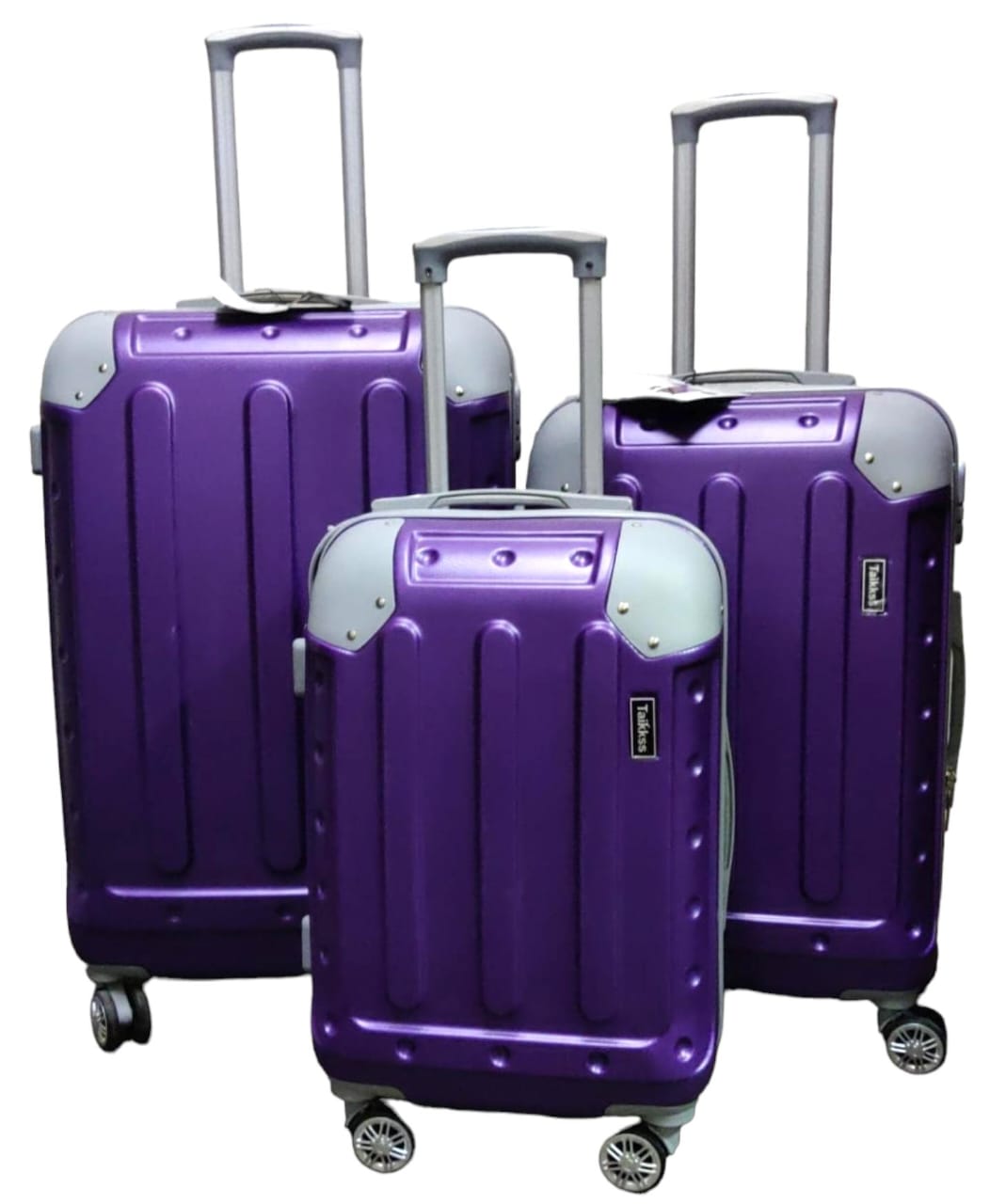 suitcase fiber 3 in 1 Zipper closure frame.

360 Easy-glide spinner wheels. 

Telescopic handle system locks in multiple levels to adapt.

Compression straps keep clothing neatly packed
