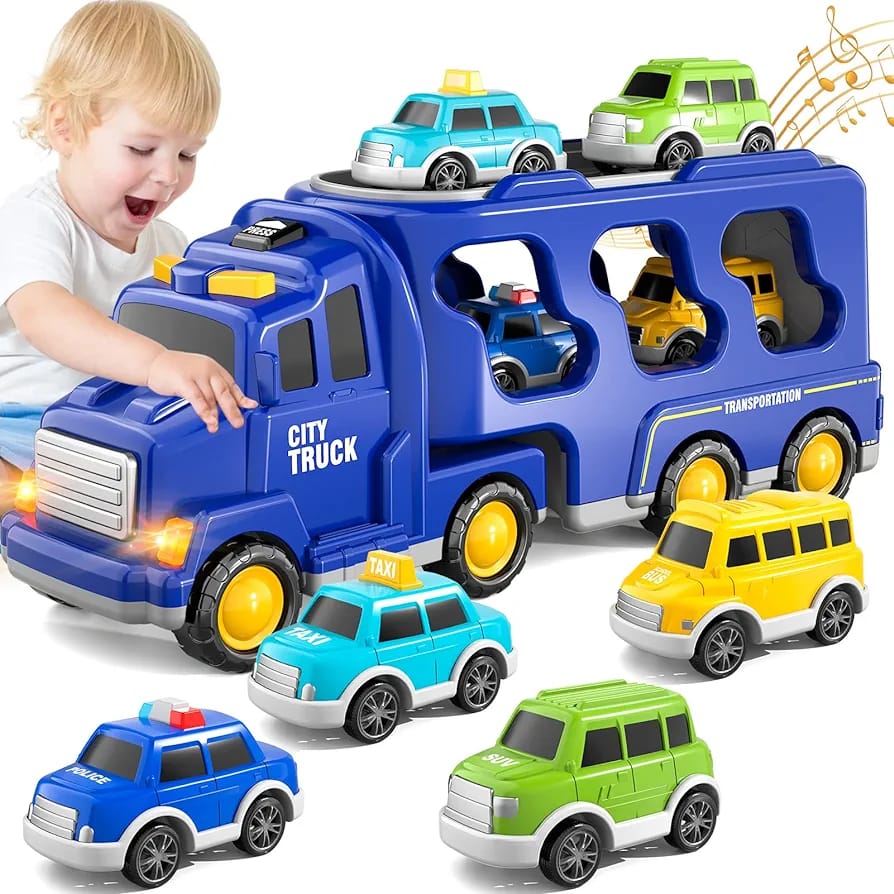 5 in 1 city truck Foldable Deformation Ejection Race Track Storage Truck with 6 Mini Alloy Toy Cars for Kids Blue