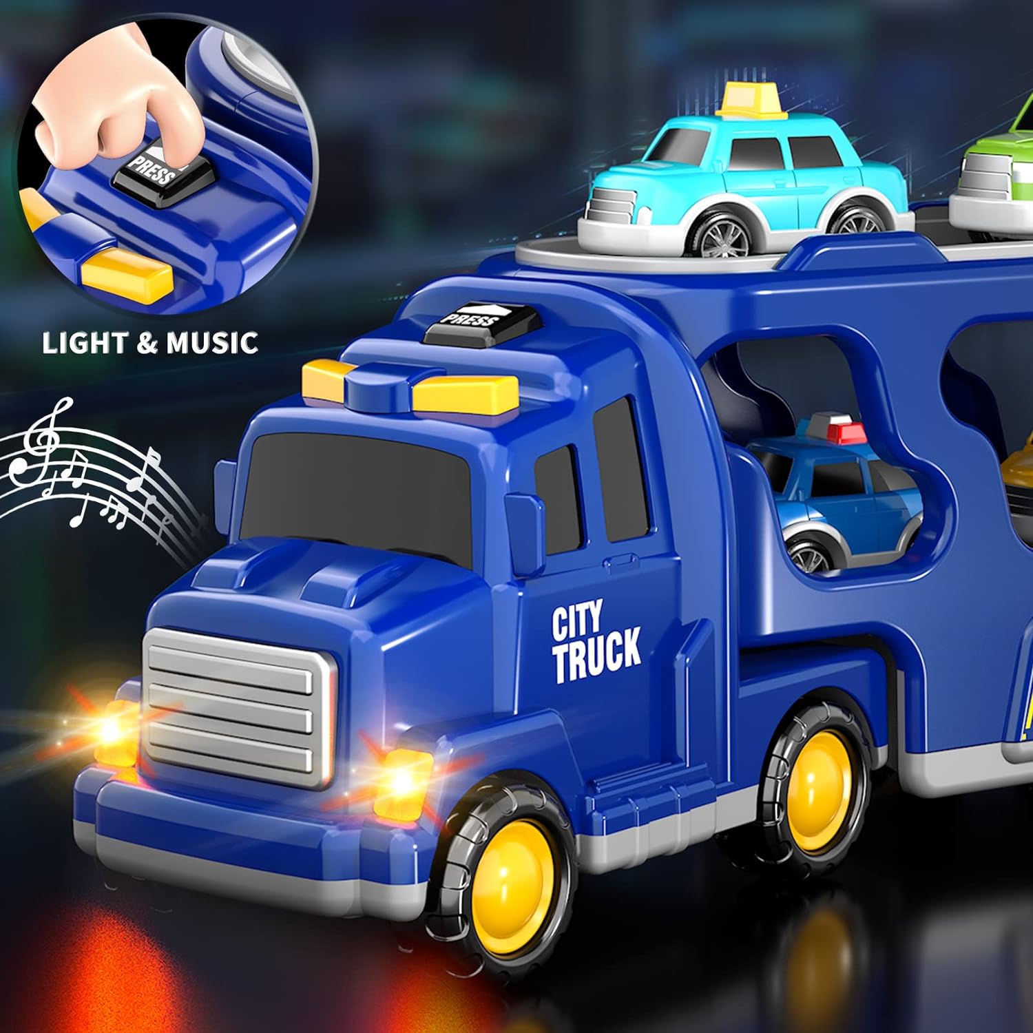 5 in 1 city truck Foldable Deformation Ejection Race Track Storage Truck with 6 Mini Alloy Toy Cars for Kids Blue