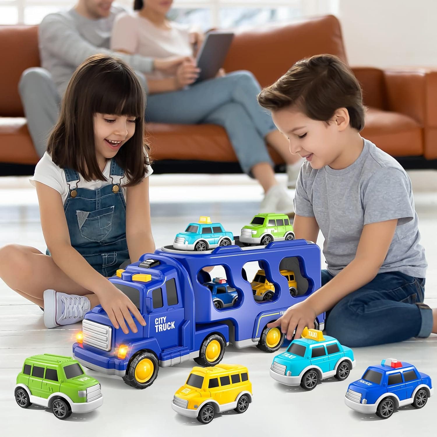 5 in 1 city truck Foldable Deformation Ejection Race Track Storage Truck with 6 Mini Alloy Toy Cars for Kids Blue