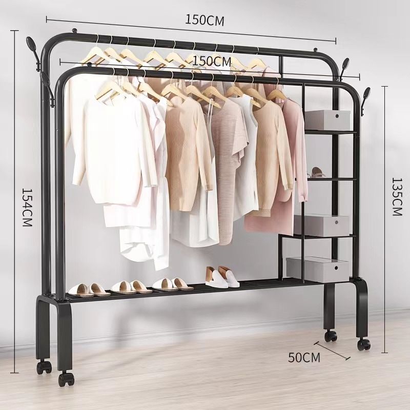 Double pole cloth rack with lower storage for shoe and boxes
