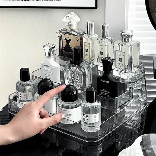 Acrylic Display Shelf Vanity Perfume Holder Organizer 3 Tiers Clear Display Risers Stand Plastic Figures Cupcake Storage Rack