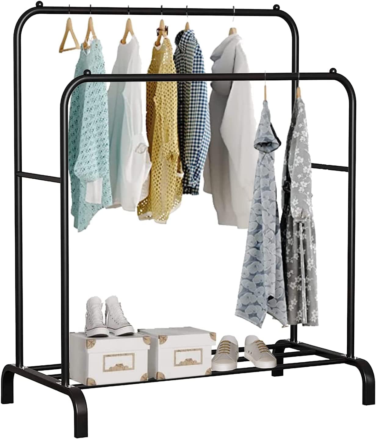 Multipurpose Double Garment Rack Heavy Duty Metal Cloth Rail with 2 Bottom Shelf Coat Jacket Hanging Hanger Shoe Stand for Home, Hotel, Shop Wardrobe Space Organizer