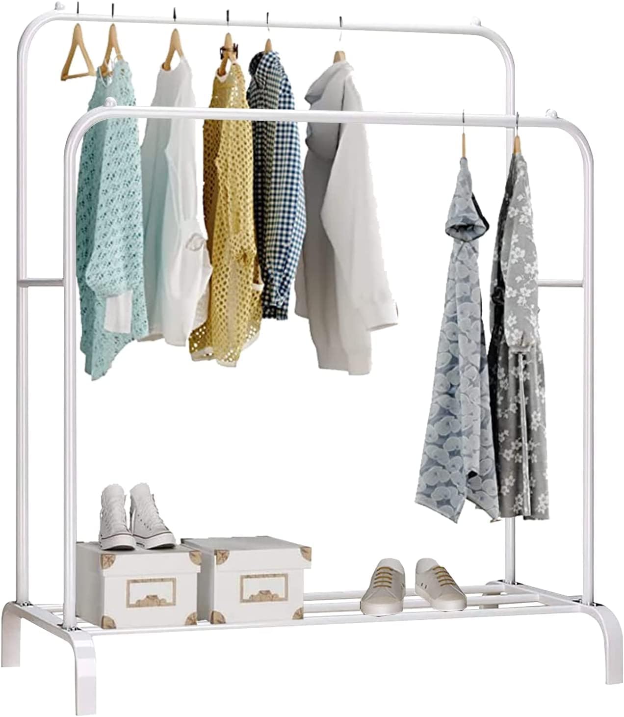 Multipurpose Double Garment Rack Heavy Duty Metal Cloth Rail with 2 Bottom Shelf Coat Jacket Hanging Hanger Shoe Stand for Home, Hotel, Shop Wardrobe Space Organizer