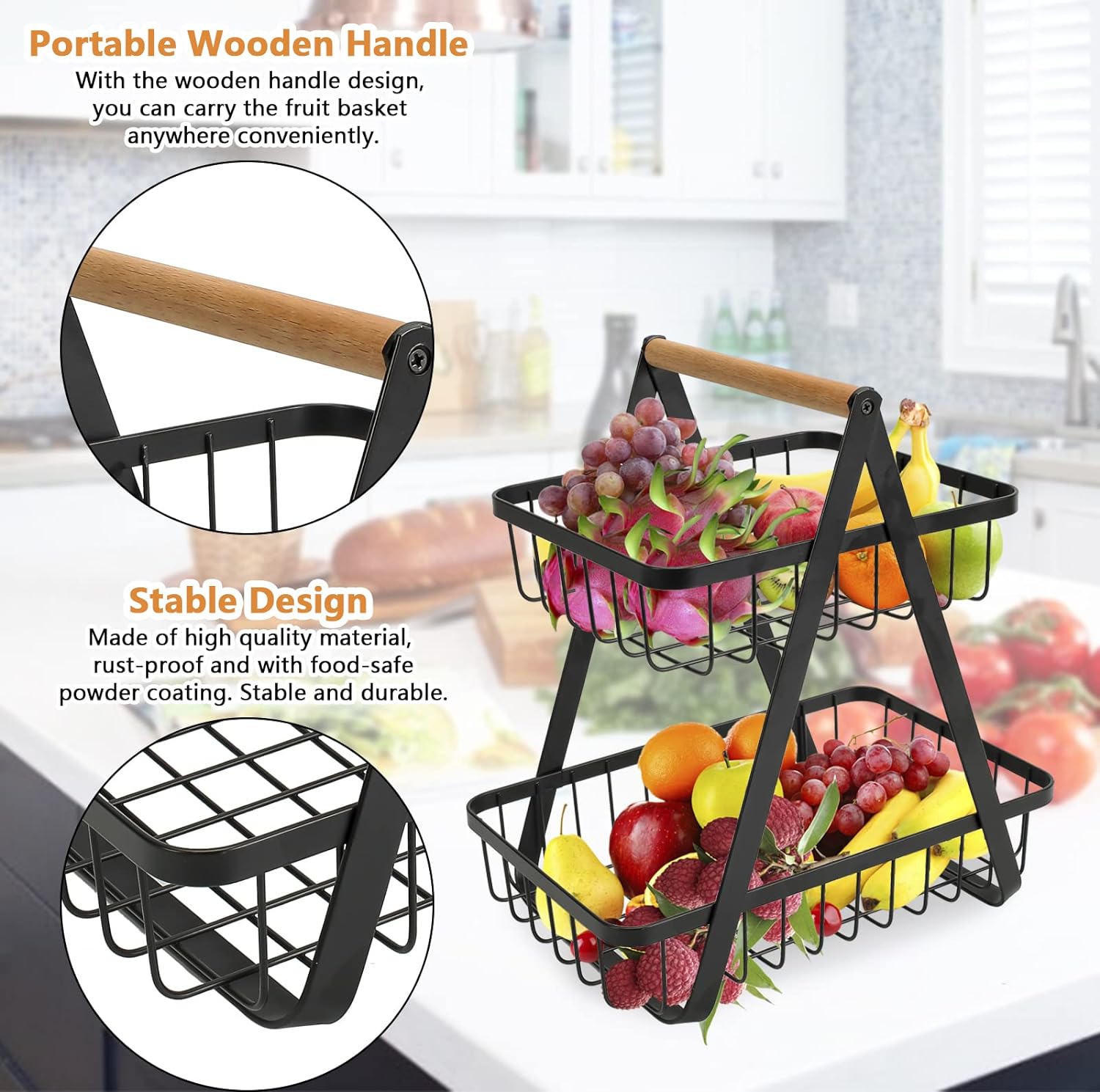 2 Tier Fruit storage - Countertop Metal Fruit Basket Fruit Bowls Modern Style - Keeps Fruits and Veg Bread Fresh- Fruit Rack fruit bowl veg rack/banana holder for Kitchen Storage, Black