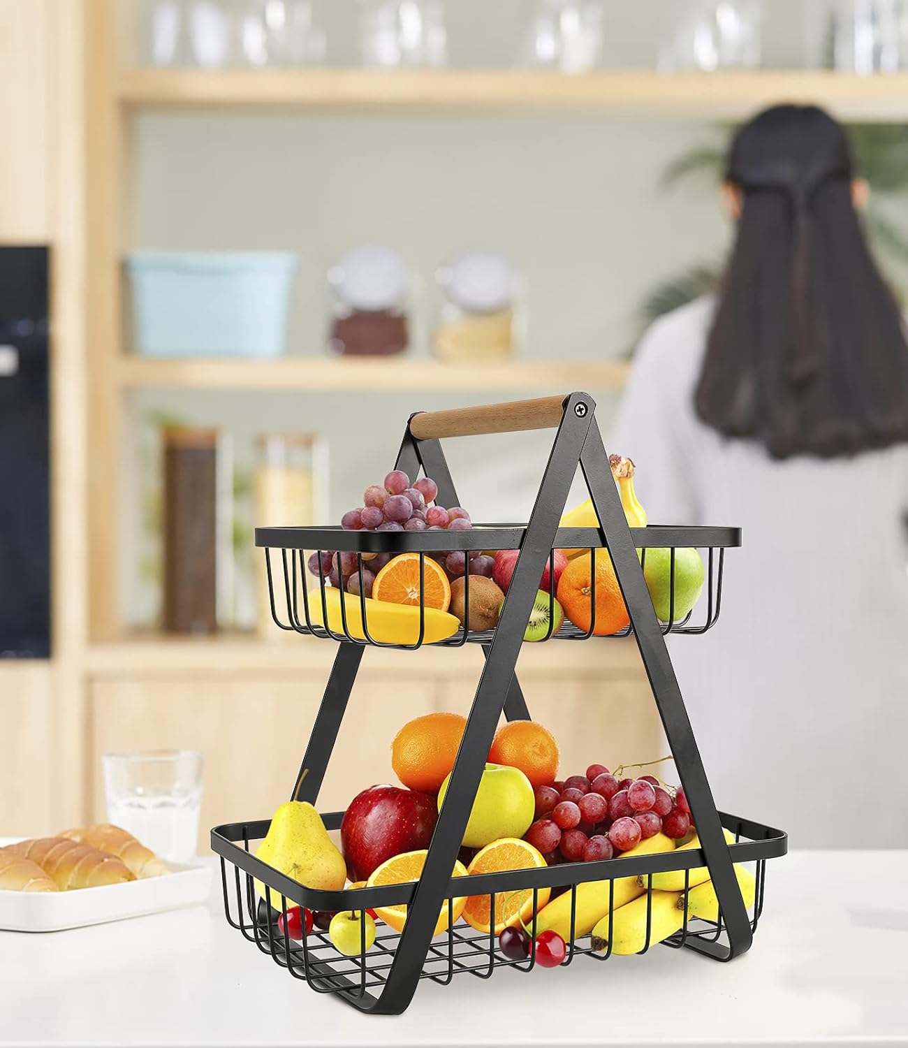 2 Tier Fruit storage - Countertop Metal Fruit Basket Fruit Bowls Modern Style - Keeps Fruits and Veg Bread Fresh- Fruit Rack fruit bowl veg rack/banana holder for Kitchen Storage, Black