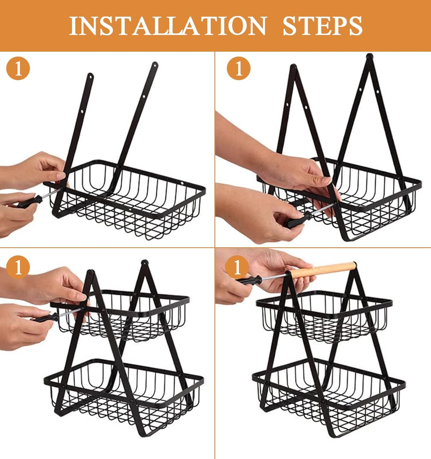 2 Tier Fruit storage - Countertop Metal Fruit Basket Fruit Bowls Modern Style - Keeps Fruits and Veg Bread Fresh- Fruit Rack fruit bowl veg rack/banana holder for Kitchen Storage, Black