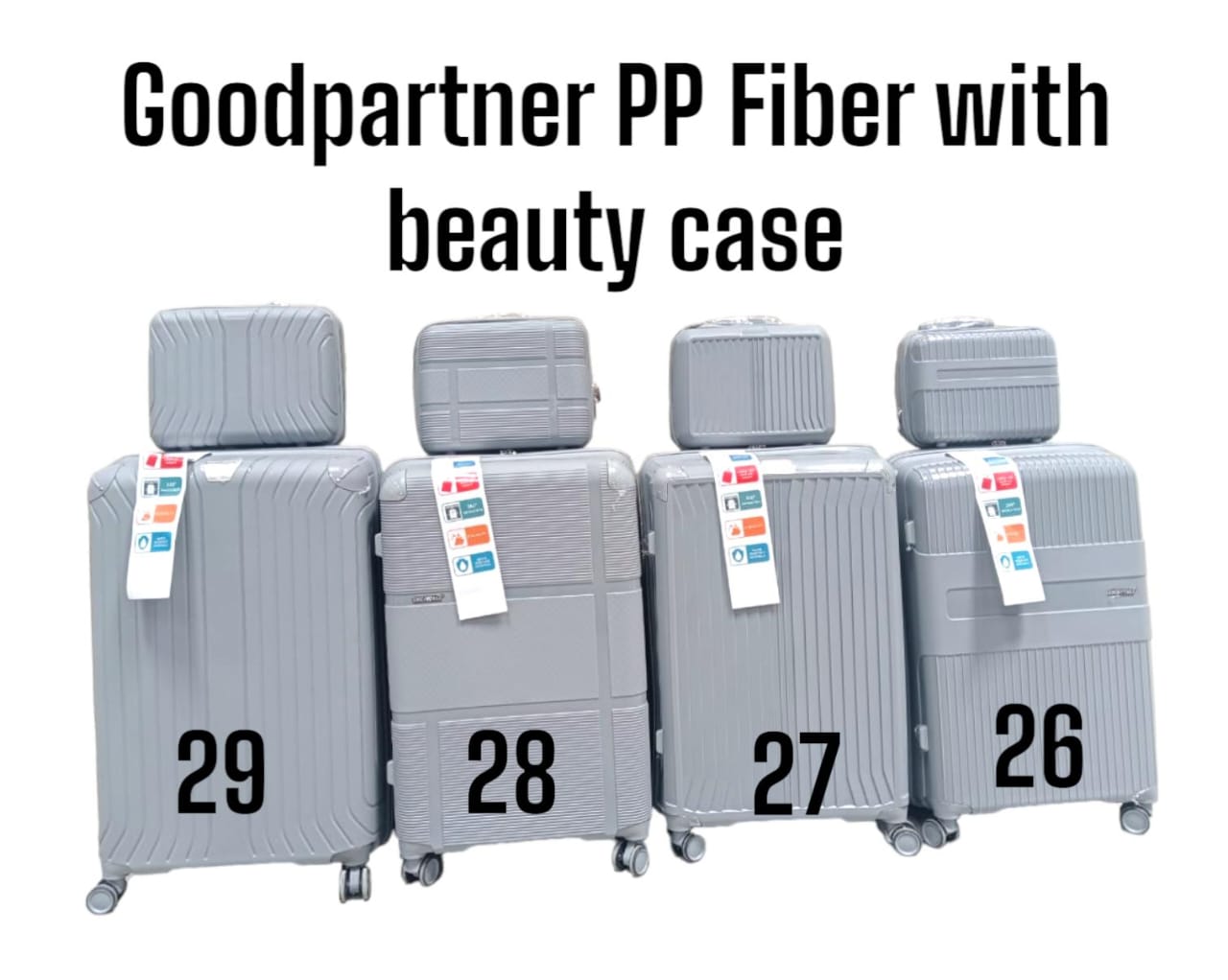 Good partner PP fiber with Beauty case ALL SIZE 3 IN 1 WITH BEAUTY CASE Stylish, Excellent quality 3pcs Set Suitcase
With Anti-theft combination lock to keep your belongings safe.
Heavy Duty Handles c