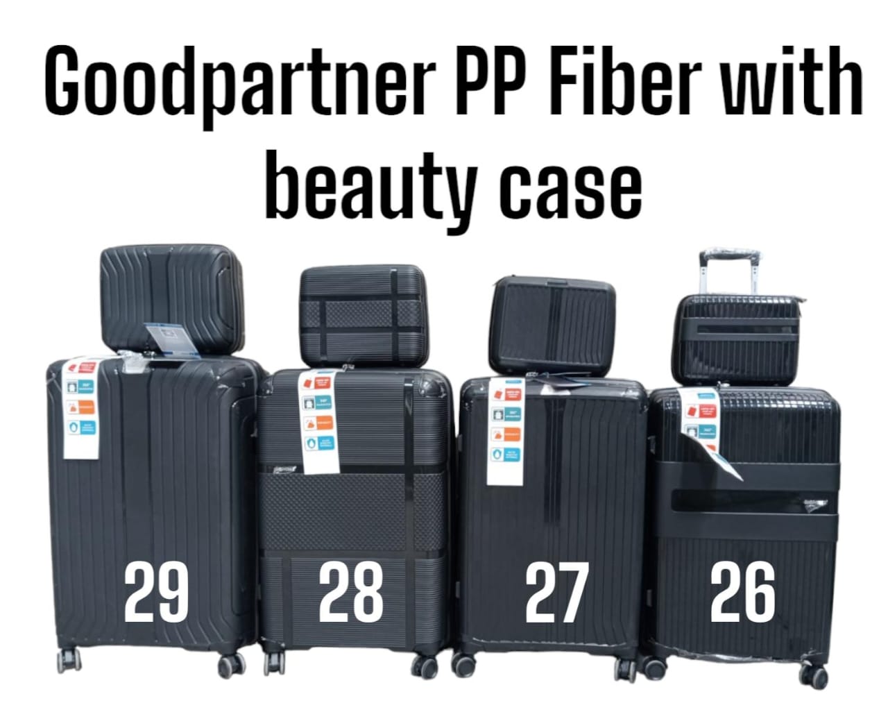 Good partner PP fiber with Beauty case ALL SIZE 3 IN 1 WITH BEAUTY CASE Stylish, Excellent quality 3pcs Set Suitcase
With Anti-theft combination lock to keep your belongings safe.
Heavy Duty Handles c