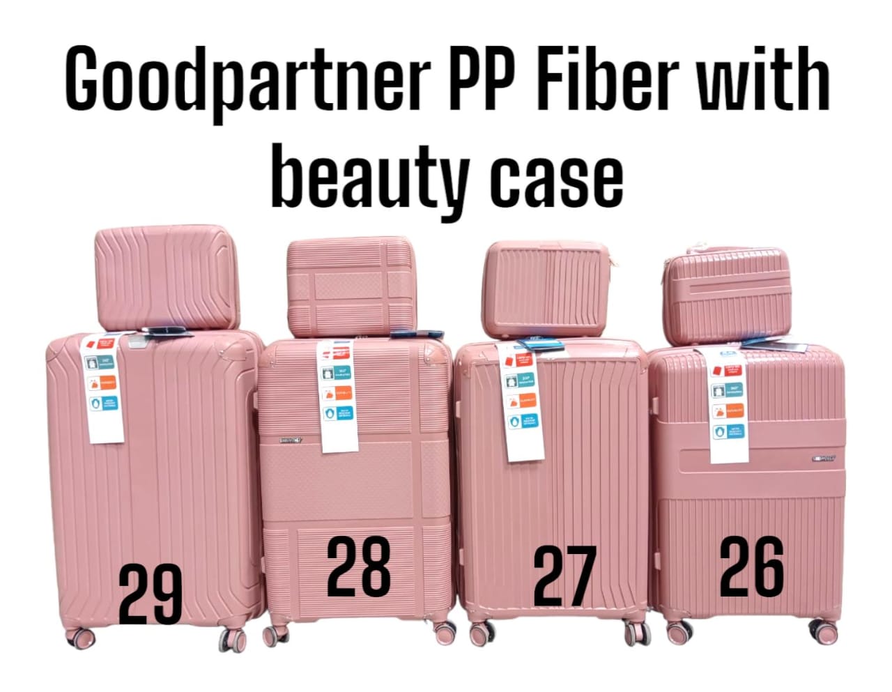 Good partner PP fiber with Beauty case ALL SIZE 3 IN 1 WITH BEAUTY CASE Stylish, Excellent quality 3pcs Set Suitcase
With Anti-theft combination lock to keep your belongings safe.
Heavy Duty Handles c