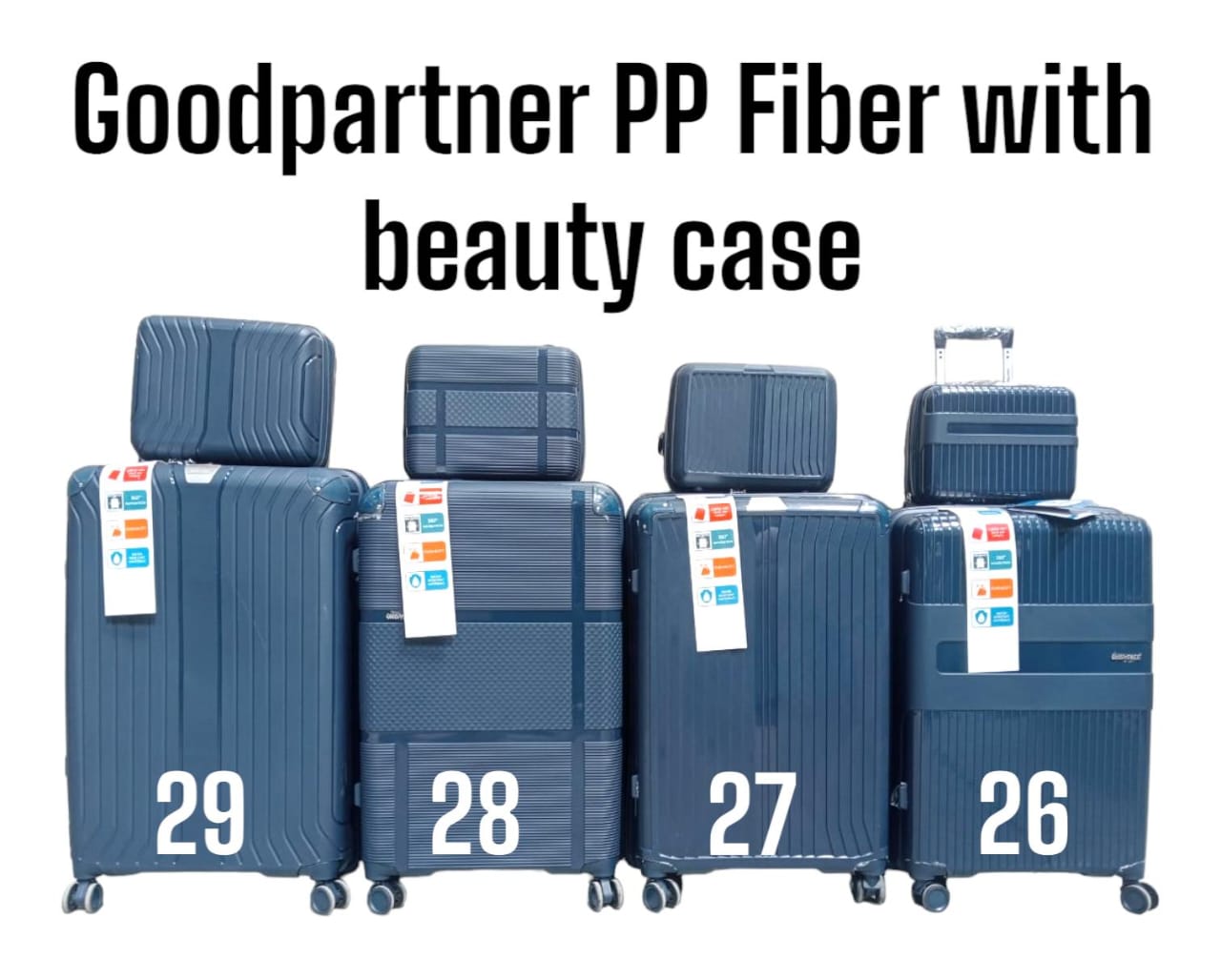 Good partner PP fiber with Beauty case ALL SIZE 3 IN 1 WITH BEAUTY CASE Stylish, Excellent quality 3pcs Set Suitcase
With Anti-theft combination lock to keep your belongings safe.
Heavy Duty Handles c