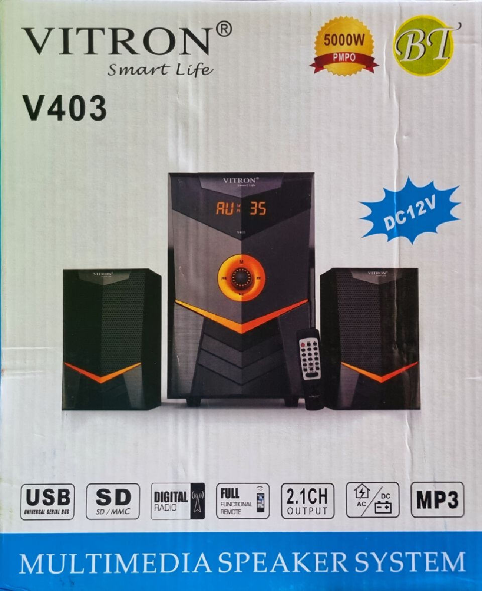 Vitron V403 2.1 Immerse yourself in the world of superior sound with the Vitron V403 2.1CH Sub Woofer Sound System. Delivering a powerful audio output of 15W from the subwoofer and 10Wx2 from the sate