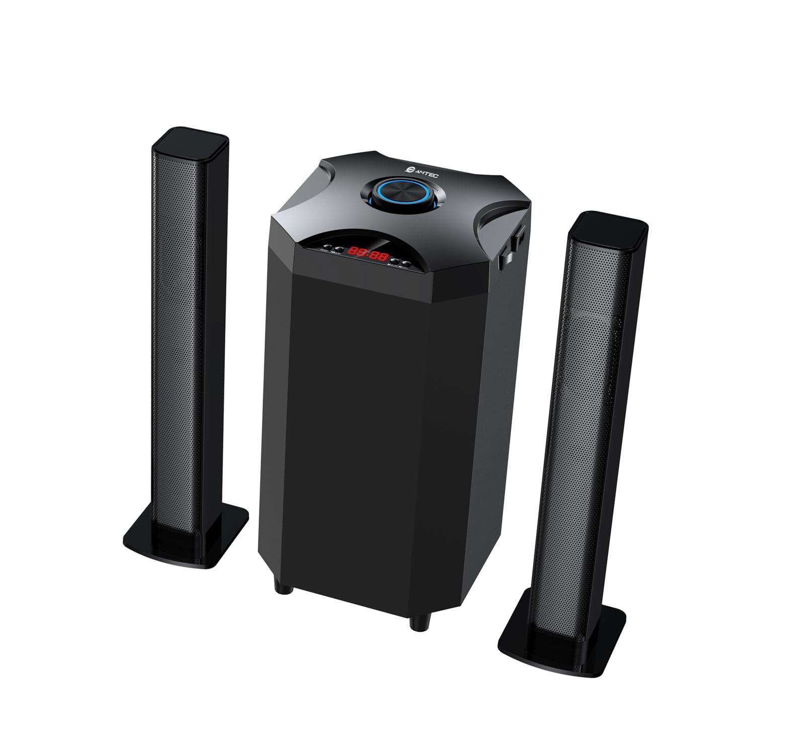 Amtec AM-02 2.1 20000W MULTIMEDIA SPEAKER SYSTEMThe sub-woofer gives you the best quality sound in a neat, compact unit. It can be easily arranged to match your living room design and give it a classy