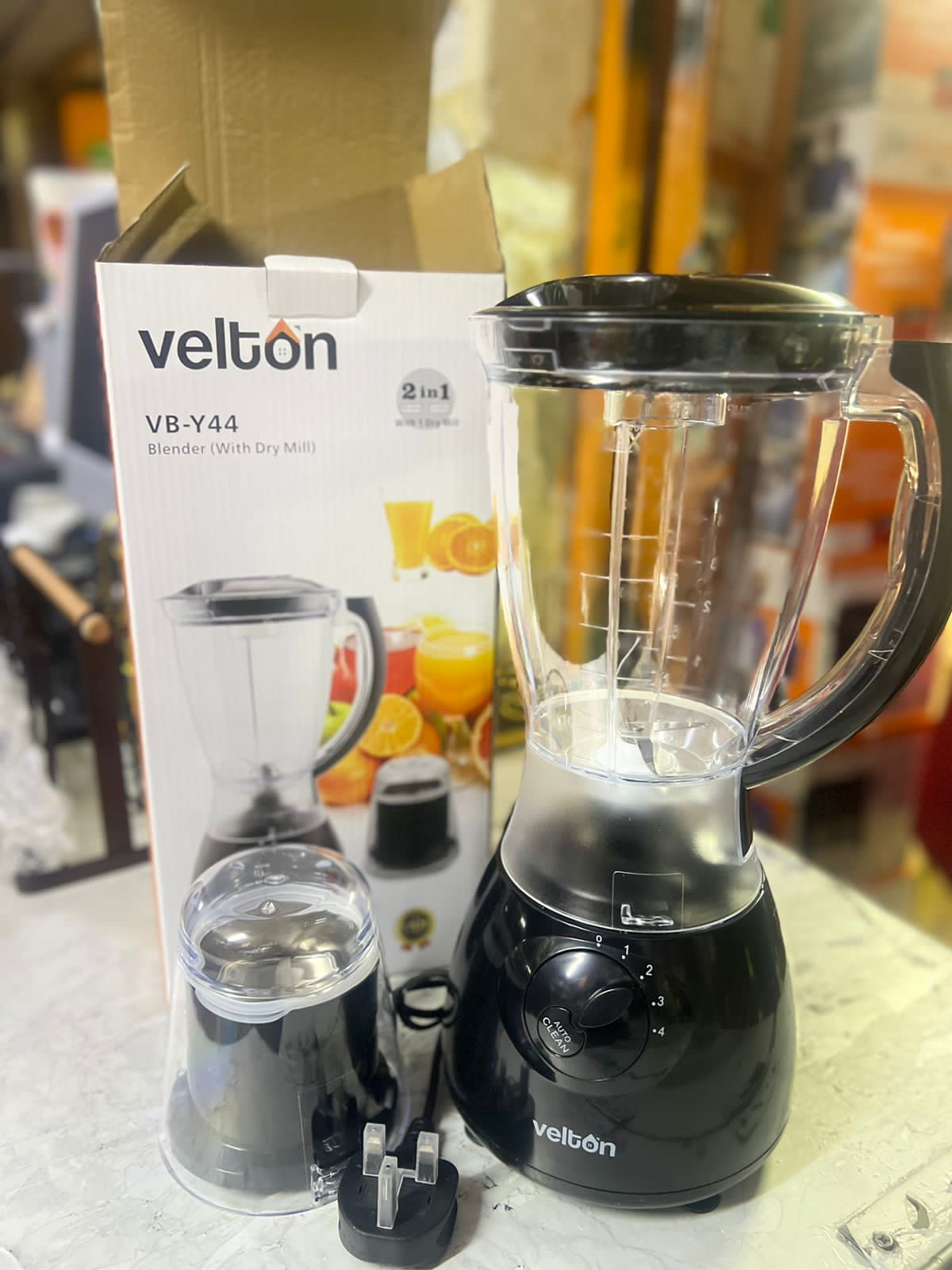 Velton blender 2 in 1 off switch with 4 speed switches pulse switch 
Auto Clean function
stainless steel blades 
Overheat Protection
Grinder