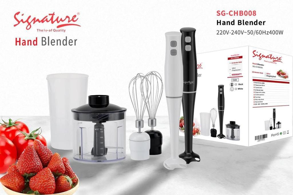 4 in 1 hand blender signature Stylish stainless steel panel : Ergonomic handle for a secure grip-splash guard to prevent food splatter.
Provides excellent convenience and ease in blending.
Comes with