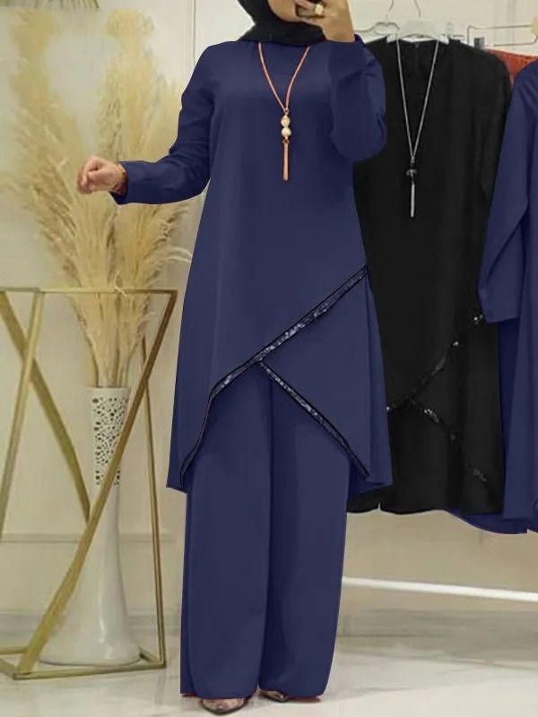 New product selection H720 # Spring and Autumn Muslim two-piece set with long sleeved O-neck, long sleeved shirt, wide leg pants set, solid color temperament, casual women's set