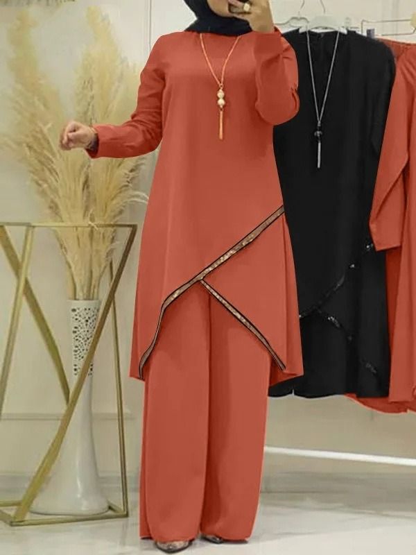 New product selection H720 # Spring and Autumn Muslim two-piece set with long sleeved O-neck, long sleeved shirt, wide leg pants set, solid color temperament, casual women's set