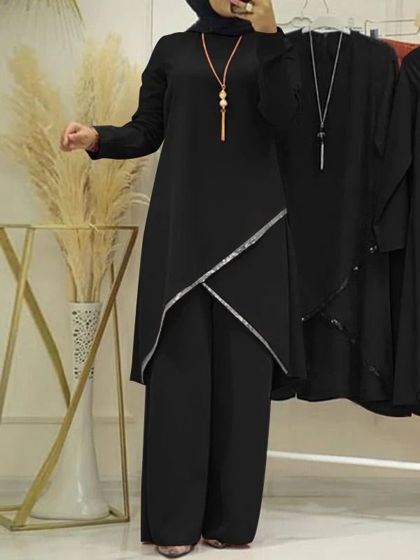New product selection H720 # Spring and Autumn Muslim two-piece set with long sleeved O-neck, long sleeved shirt, wide leg pants set, solid color temperament, casual women's set