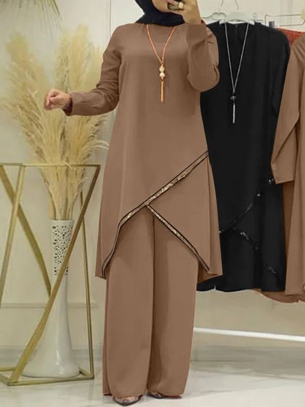 New product selection H720 # Spring and Autumn Muslim two-piece set with long sleeved O-neck, long sleeved shirt, wide leg pants set, solid color temperament, casual women's set