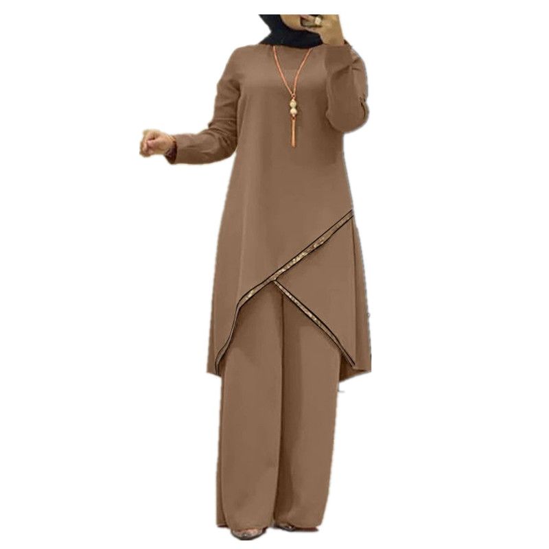 New product selection H720 # Spring and Autumn Muslim two-piece set with long sleeved O-neck, long sleeved shirt, wide leg pants set, solid color temperament, casual women's set