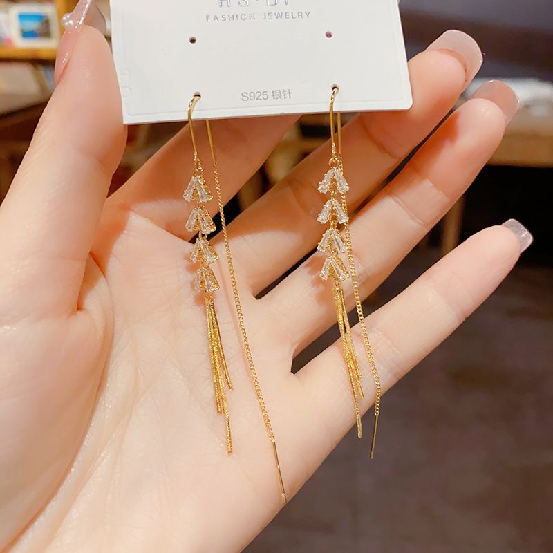 New Mingyuan style zircon tassel earrings, simple and fashionable earrings, exquisite and high-end temperament earrings