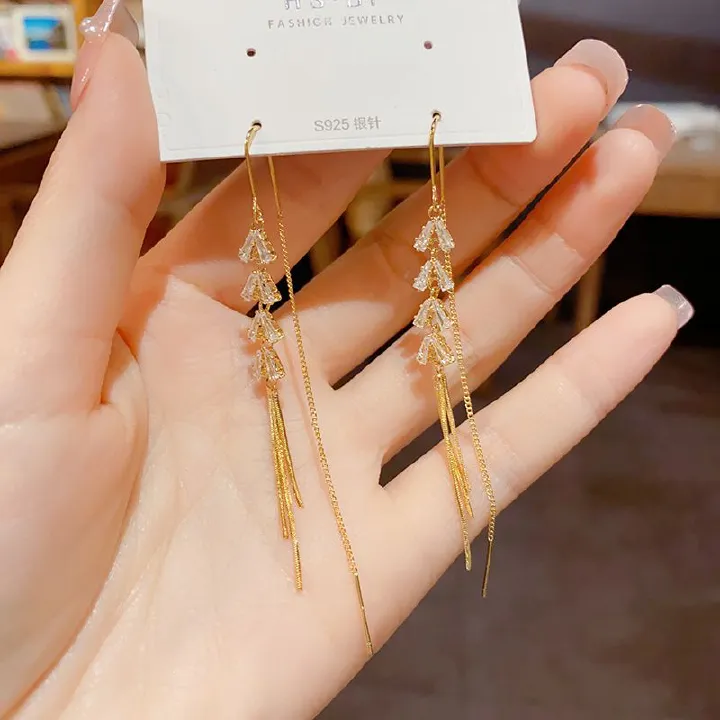 New Mingyuan style zircon tassel earrings, simple and fashionable earrings, exquisite and high-end temperament earrings