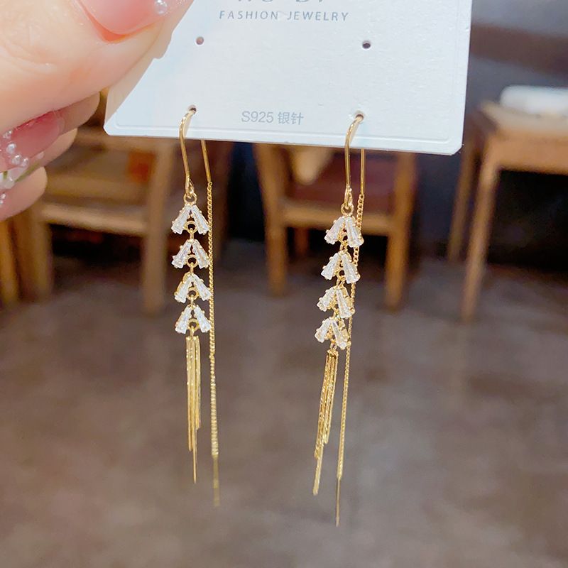 New Mingyuan style zircon tassel earrings, simple and fashionable earrings, exquisite and high-end temperament earrings