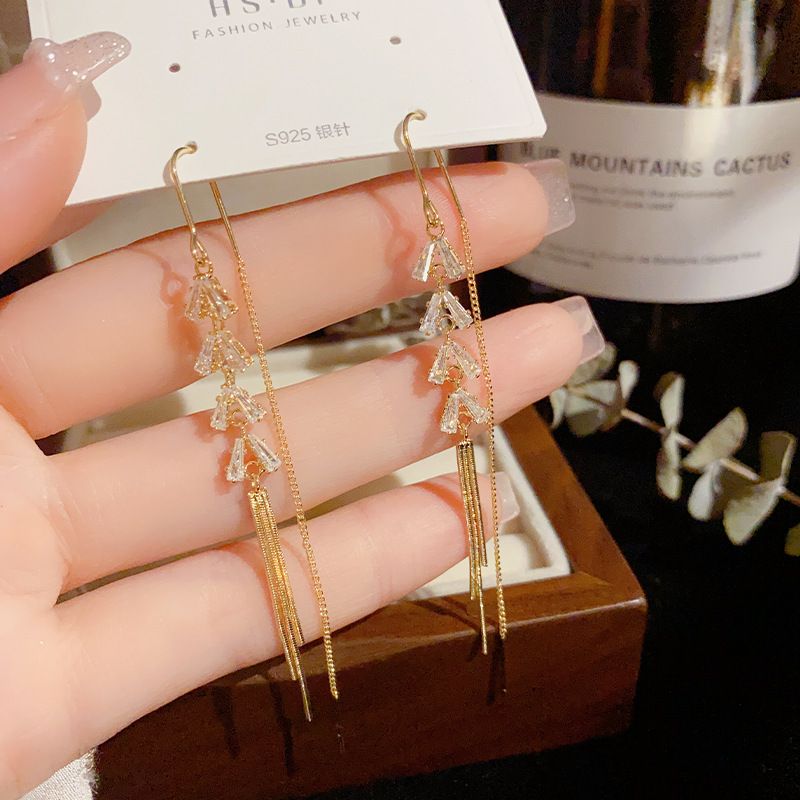 New Mingyuan style zircon tassel earrings, simple and fashionable earrings, exquisite and high-end temperament earrings