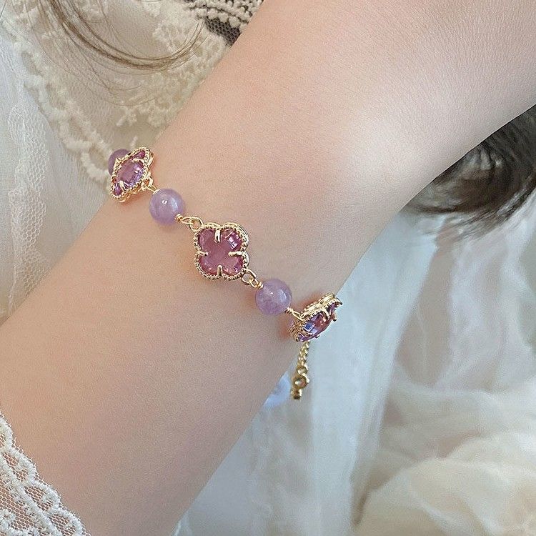 New Natural Grey Moonlight Stone Bracelet, Amethyst Clover Bracelet, Instagram Luxury and Unique Design Best Friend Handicraft Gift