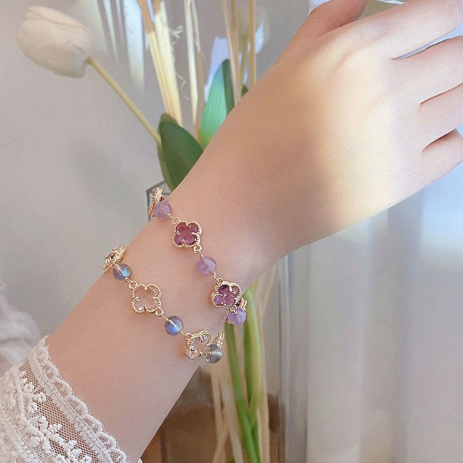 New Natural Grey Moonlight Stone Bracelet, Amethyst Clover Bracelet, Instagram Luxury and Unique Design Best Friend Handicraft Gift