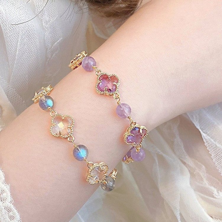 New Natural Grey Moonlight Stone Bracelet, Amethyst Clover Bracelet, Instagram Luxury and Unique Design Best Friend Handicraft Gift