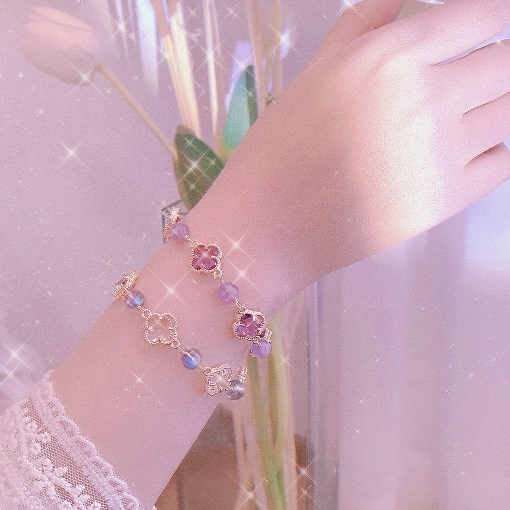 New Natural Grey Moonlight Stone Bracelet, Amethyst Clover Bracelet, Instagram Luxury and Unique Design Best Friend Handicraft Gift